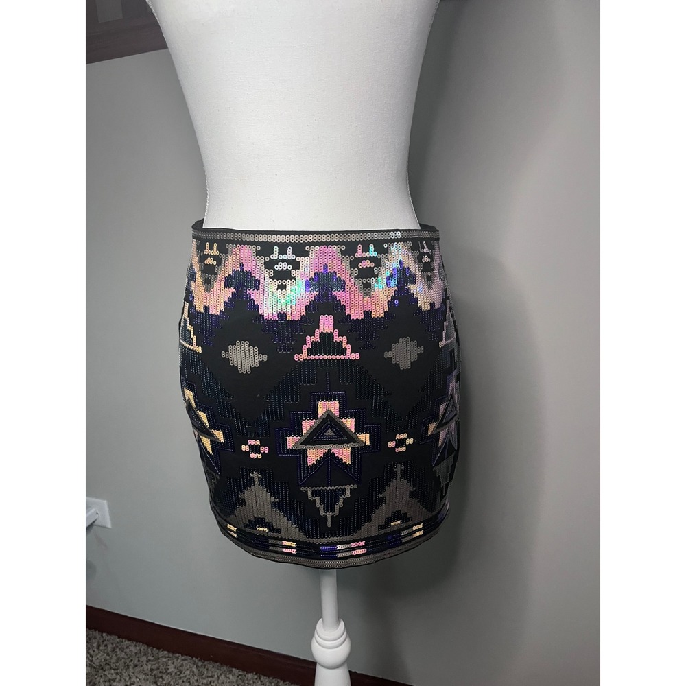 Express Sequin Mini Skirt Geometric Aztec Iridescent Black Purple Silver XS